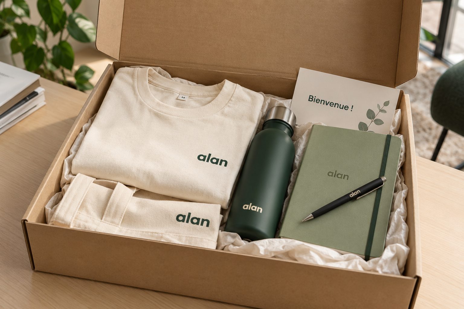 Welcome pack entreprise ouvert : t-shirt écru, tote bag, gourde, carnet et stylo marqués au logo, carte Bienvenue