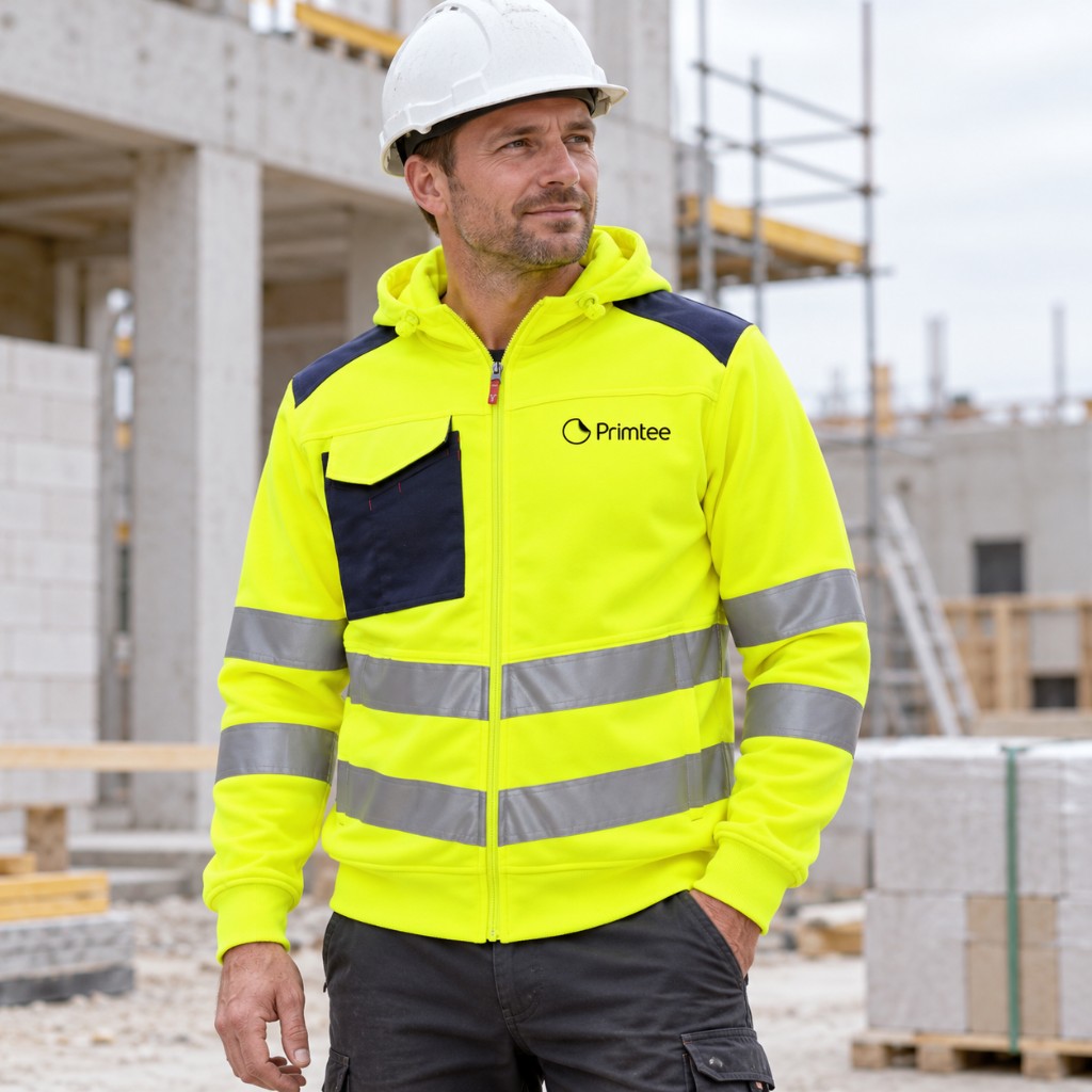 Veste haute visibilité Primtee sur chantier — textile de travail pour le bâtiment