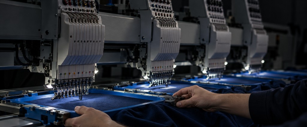 Broderie textile en atelier Primtee à Angers : machine industrielle sur polo, veste ou casquette personnalisée
