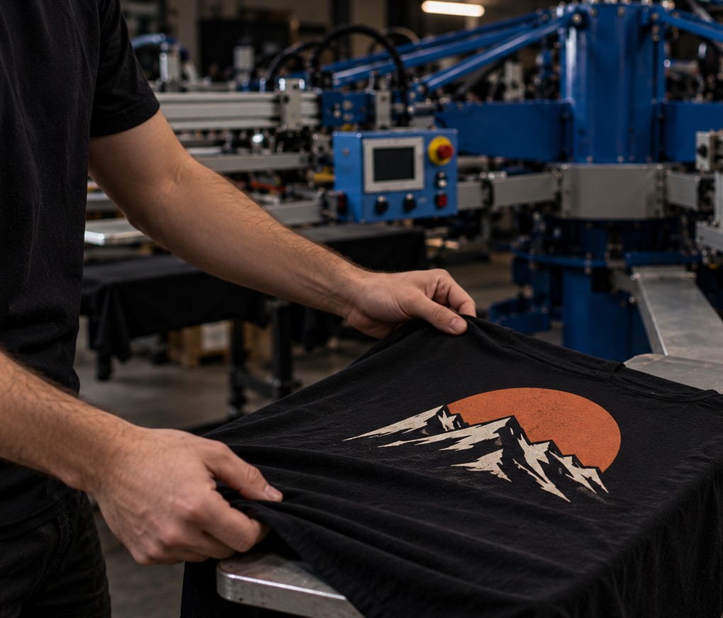 Sérigraphie textile Primtee : impression d’un visuel sur t-shirt, carrousel d’atelier à Angers