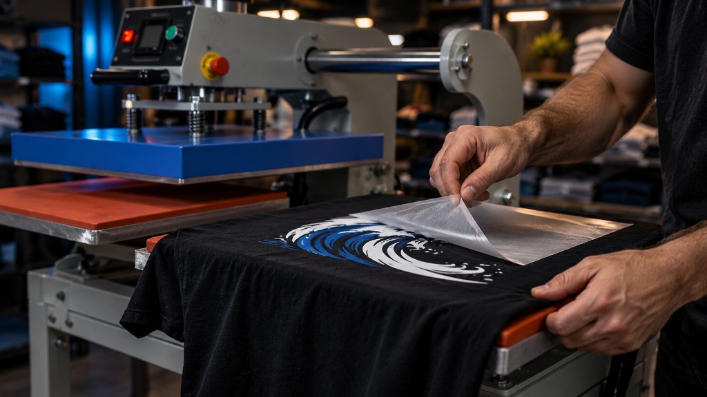 Transfert textile Primtee : presse à chaud, pose d’un logo sur t-shirt personnalisé
